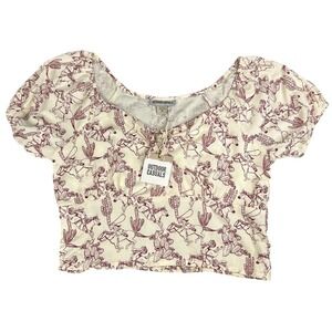 NWT Women's Western Crop Top Outdoor Casuals Cream Sz-XL Cowgirl Horse Cactus